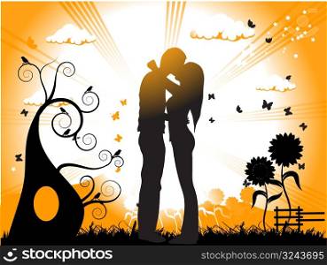 Couple kisses on a meadow, black silhouette