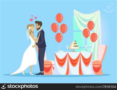Couple kissing and hugging on wedding day vector, man and woman wearing formal clothes. Table with baked cake and decoration, balloons and dessert. Wedding Celebration of Man Woman Couple in Love