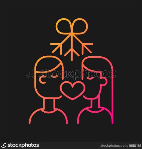 Couple kissing under mistletoe gradient vector icon for dark theme. Christmas mistletoe kiss tradition. Thin line color symbol. Modern style pictogram. Vector isolated outline drawing. Couple kissing under mistletoe gradient vector icon for dark theme