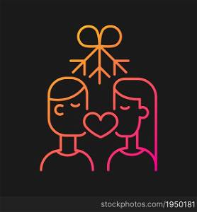 Couple kissing under mistletoe gradient vector icon for dark theme. Christmas mistletoe kiss tradition. Thin line color symbol. Modern style pictogram. Vector isolated outline drawing. Couple kissing under mistletoe gradient vector icon for dark theme