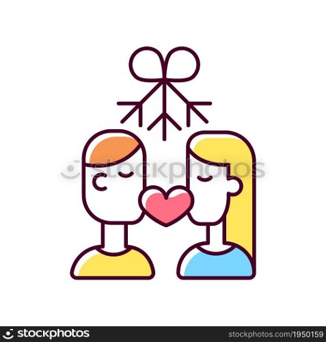 Couple kissing under mistletoe RGB color icon. Christmas mistletoe kiss tradition. Boy and girl under sprig of mistletoe. Couple kissing. Isolated vector illustration. Simple filled line drawing. Couple kissing under mistletoe RGB color icon