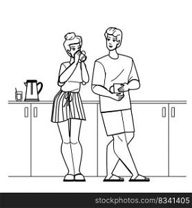 couple kitchen line pencil drawing vector. love home, happy relationship, woman together, beautiful male, female young, man food, family cooking couple kitchen character. people Illustration. couple kitchen vector
