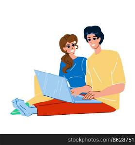 couple laptop vector. home, indoors, technology smiling, adult happy, sitting computer, online man, internet beautiful woman couple laptop character. people flat cartoon illustration. couple laptop vector