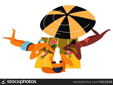 Couple laying on blanket under umbrella sunbathing and eating watermelon fruit. Man and woman relaxing by seaside on weekends or vacations. Male and female resting pair. Vector in flat style. People on picnic by seaside, man and woman by sea