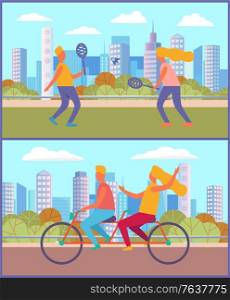 Couple leading active lifestyle vector, man and woman riding bicycle in city park. Playing tennis, boyfriend and girlfriend with rockets and ball in town. Summer Relaxation and Fun, Tennis and Cycling