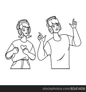 couple listening music line pencil drawing vector. man happy, young woman, girl together, male female, friendship technology, love mobile, beautiful couple listening music character. people Illustration. couple listening music vector