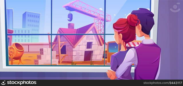 Couple looking at house construction site through window. Vector cartoon illustration of man and woman hugging in room at home, watching crane machine building brick cottage, cement mixer, cityscape. Couple looking at house construction site