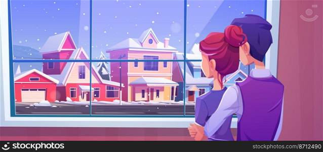 Couple looking at window at snowfall on city street. Vector cartoon illustration of man and girl standing in home and winter landscape outside with suburban houses, road and snow. Couple looking at window at snowfall on street