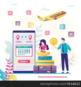 Couple looking tickets online. Man and woman buying tickets via mobile phone. Male character holds money. Search for flights on phone, app on screen. Airplane takeoff. Flat Vector illustration. Couple looking tickets online. Man and woman buying tickets via mobile phone. Male character holds money.