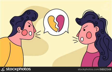 Couple love conflicts illustration. Woman and man with love problems. People and conflict divorce in family vector illustration
