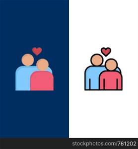 Couple, Love, Marriage, Heart Icons. Flat and Line Filled Icon Set Vector Blue Background