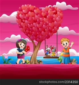 Couple love rabbit stand on the swing under the tree heart leaves shape with boy and girl