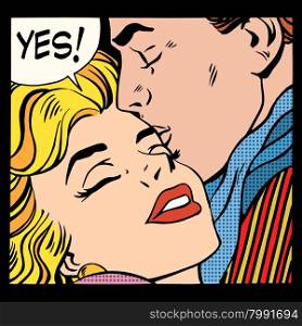 Couple love Yes pop art retro style. A man kisses a woman. Relationship and romance. Couple love Yes