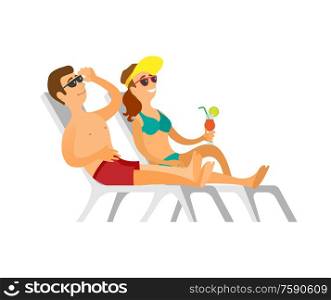 Couple lying on chaise lounge, man in shorts and woman wearing swimsuit sunbathing, smiling person drinking cocktail, people in sunglasses vector. People in Glasses and Swimsuit Sunbathing Vector