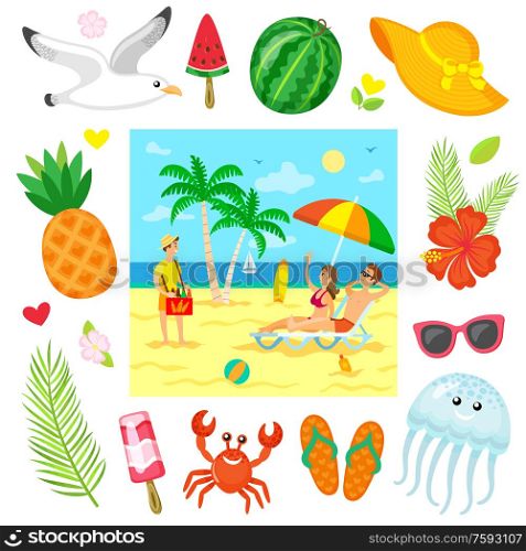 Couple lying on chaise lounge under parasol, woman rising hand for buying bottle of drink, business on beach. Summer decorations icons isolated around vector. Relaxing on Beach, Summer Business, Sea Vector