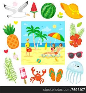 Couple lying on chaise lounge under parasol, woman rising hand for buying bottle of drink, business on beach. Summer decorations icons isolated around vector. Relaxing on Beach, Summer Business, Sea Vector