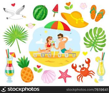 Couple lying on chaise lounge with cocktails, people on summer beach. Image decorated around by cocktail, tropical fruit, crab and shell, flip flops vector. Summertime objects. People lying on Chaise Lounge on Beach Vector