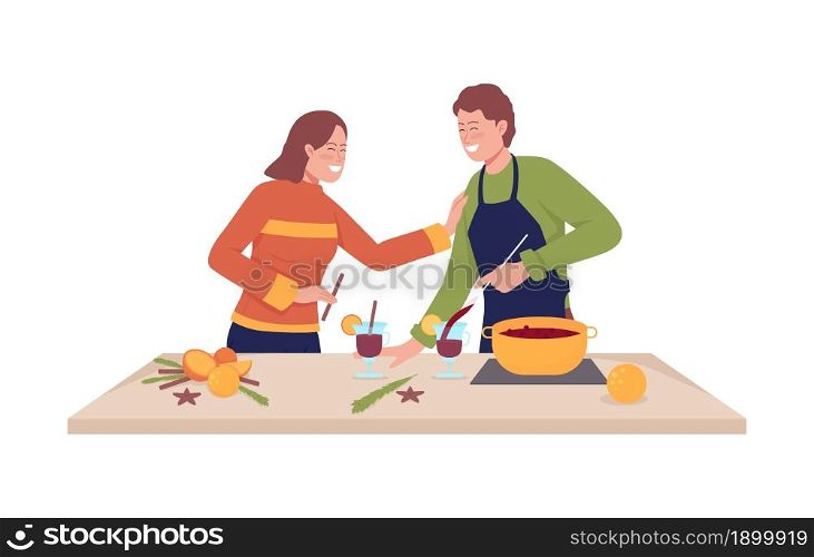 Couple make mulled wine semi flat color vector characters. Posing figures. Full body people on white. Cooking together isolated modern cartoon style illustration for graphic design and animation. Couple make mulled wine semi flat color vector characters