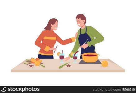 Couple make mulled wine semi flat color vector characters. Posing figures. Full body people on white. Cooking together isolated modern cartoon style illustration for graphic design and animation. Couple make mulled wine semi flat color vector characters