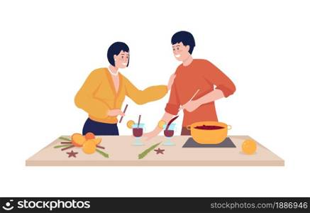 Couple make punch semi flat color vector characters. Posing figures. Full body people on white. Cooking together isolated modern cartoon style illustration for graphic design and animation. Couple make punch semi flat color vector character