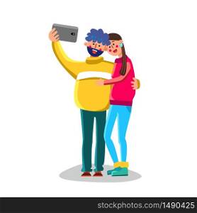 Couple Make Selfie Photo On Smartphone Vector. Smiling Happy Characters Man And Woman Male Photography On Mobile Phone Camera Gadget. Person Photographing Flat Cartoon Illustration. Couple Make Selfie Photo On Smartphone Vector