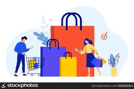 Couple make shopping concept. Man and woman doing online purchases via smartphone. Cartoon man with trolley full of packages, woman holding shopping bags. Buying products, retail sale vector. Couple make shopping concept. Man and woman doing online purchases via smartphone. Cartoon man with trolley full of packages