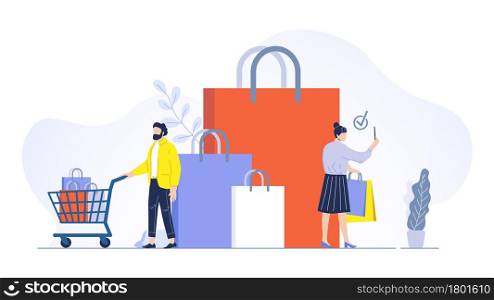 Couple make shopping concept. Man and woman having bags with purchases, male character with cart, buying products online using smartphone, virtual customers on sale vector illustration. Couple make shopping concept. Man and woman having bags with purchases, male character with cart, buying products