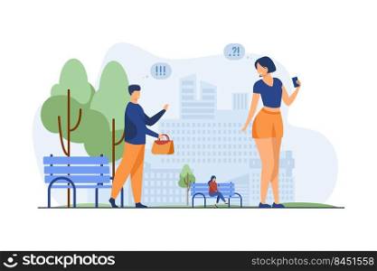 Couple making acquaintance in city park. Man returning forgotten bag to woman flat vector illustration. Acquaintance in public place, dating concept for banner, website design or landing web page