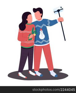 Couple making photo semi flat color vector characters. Standing figures. Full body people on white. Christmas outfit simple cartoon style illustration for web graphic design and animation. Couple making photo semi flat color vector characters