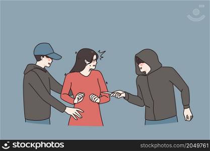 Couple male criminals attack threaten scared young woman in street. Men bandits or robbers pose threat on female encounter with knife. Harassment and violence. Robbery concept. Vector illustration. . Male criminals threaten woman in street
