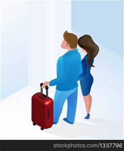 Couple Man and Woman arriving at Hotel Hall with Luggage Waiting Reception Staff Manager Vector Isometric Illustration. Husband Wife in Modern Lobby Interior. Registration Reservation Service. Couple Man and Woman Arriving Hotel Hall Isometric