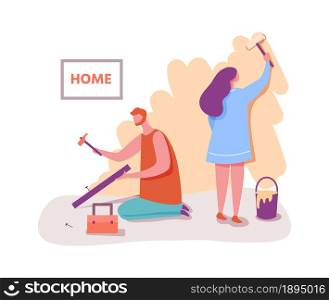 Couple man and woman doing renovation in flat. Vector repair wall interior, apartment painting renovation, couple indoor work together illustration. Couple man and woman doing renovation in flat