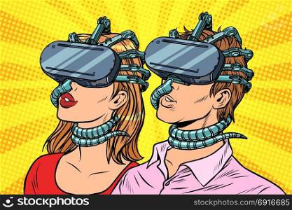 couple man and woman in virtual reality. Pop art retro vector vintage illustrations. couple man and woman in virtual reality