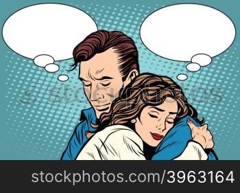couple man and woman love hug pop art retro style. Retro people vector illustration. Feelings emotions romance. couple man and woman love hug