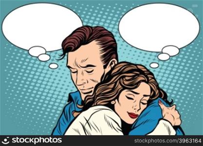 couple man and woman love hug pop art retro style. Retro people vector illustration. Feelings emotions romance. couple man and woman love hug
