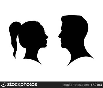 Couple man and woman profile silhouette face to face. Male and female head black shadow. Anonymous concept. Beauty boy and girl portrait. Black model human person. Silhouette face. vector isolated. Couple man and woman profile silhouette face to face. Male and female head black shadow. Anonymous concept. Beauty boy and girl portrait. Black model human person. Silhouette face. vector