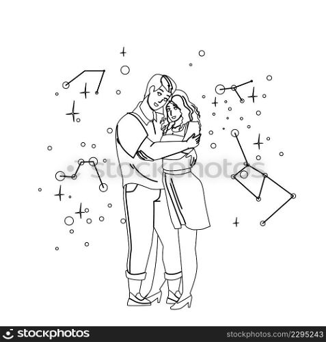 Couple Man And Woman Researching Night Sky Black Line Pencil Drawing Vector. Young Boy And Girl Looking At Starry Night Sky And Research Stars Constellation. Characters Romantic Dating Illustration. Couple Man And Woman Researching Night Sky Vector