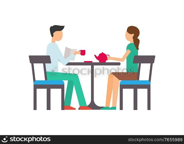Couple man and woman sitting at table and drinking tea. Vector male and female having breakfast isolated on white, people in cafe with coffee in red mug and teapot. Couple man and woman sit at table, drink tea