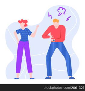 Couple man and woman swear, husband waiting wife. Vector couple quarrel and divorce problem, angry and aggressive, yelling married illustration. Couple man and woman swear, husband waiting wife