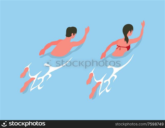 Couple man and woman swimming butterfly in blue water. Vector sportive sexy boy and girl, athletic lady in swimsuit, summertime sport activities, freestyle swimmer. Couple Man and Woman Swimming Butterfly in Water