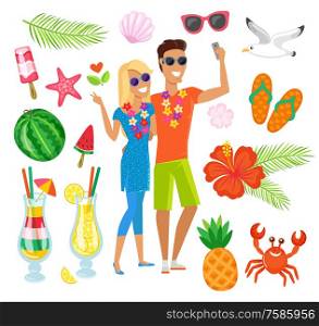 Couple man and woman vector, set of watermelon. Flip flops and seagull, cocktail and pineapple, flower and palm tree branch, ice cream and seashell. Travelers Couple, Animals and Fruits, Vacation Set