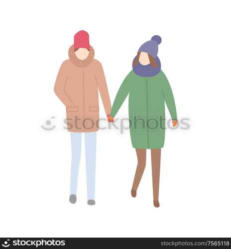 Couple man and woman walking together relaxing people vector. Male and female holding hands, wintertime cold seasonal clothes hats and jackets on pair. Couple Man Woman Walking Together Relaxing People