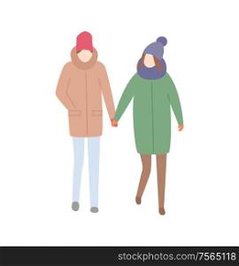 Couple man and woman walking together relaxing people vector. Male and female holding hands, wintertime cold seasonal clothes hats and jackets on pair. Couple Man Woman Walking Together Relaxing People