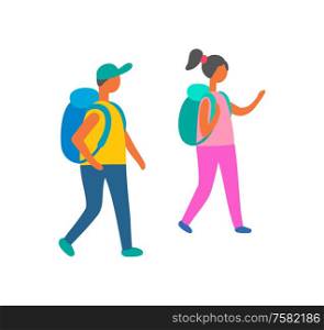 Couple man and woman with backpacks isolated on white. Cartoon people in hiking tour, vector tourists with rucksacks, girl and boy together in flat style. Couple Man and Woman with Backpacks Isolated