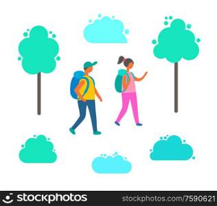 Couple man and woman with backpacks walking among green trees and bushes. Cartoon people in hiking tour, vector tourists with rucksacks, girl and boy together. Couple Man and Woman with Backpacks Isolated