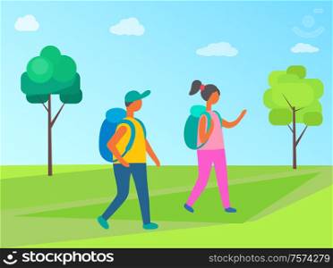 Couple man and woman with backpacks walking in forest. Cartoon people in hiking tour, vector tourists with rucksacks, girl and boy together in flat style. Couple Man and Woman with Backpacks Walk Forest