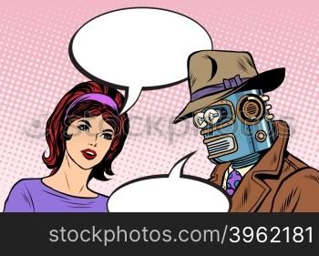 Couple man robot and beautiful woman pop art retro style. Science fiction. Artificial intelligence. The family in the future. Couple man robot and beautiful woman