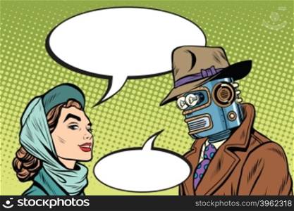 Couple man robot and beautiful woman pop art retro style. Science fiction. Artificial intelligence. The family in the future. Couple man robot and beautiful woman