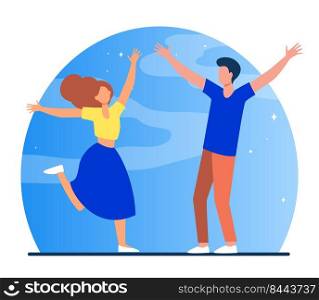 Couple meeting after separation. Girl and guy walking to each other with open arms flat vector illustration. Romance, dating, love concept for banner, website design or landing web page