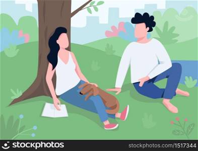 Couple meeting in park flat color vector illustration. Young sweethearts dating, sitting near tree, talking, playing with pet 2D cartoon characters with lake and lawns on background